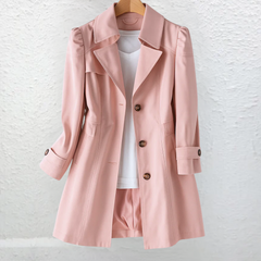 Pink trench-style summer coat with gold-tone button front and notched lapels