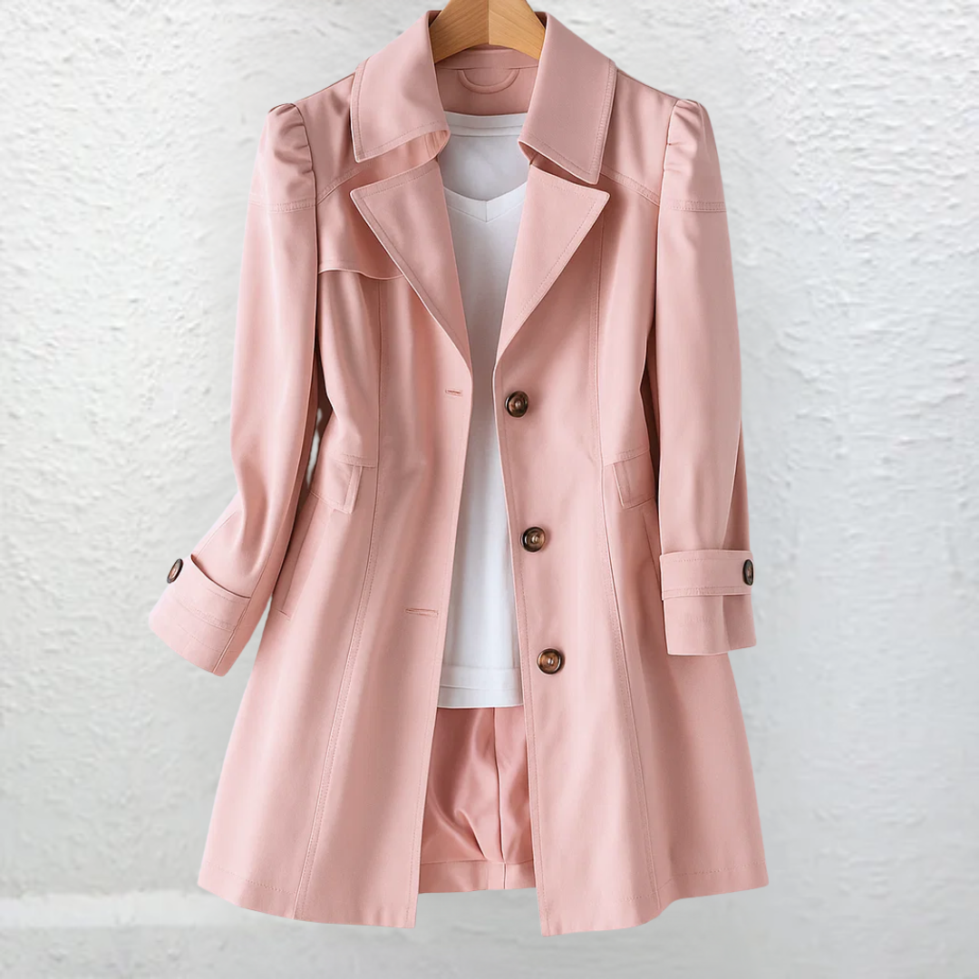Pink trench-style summer coat with gold-tone button front and notched lapels