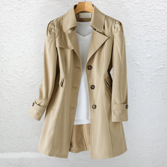 Khaki trench-style summer coat with double-breasted button front and pockets