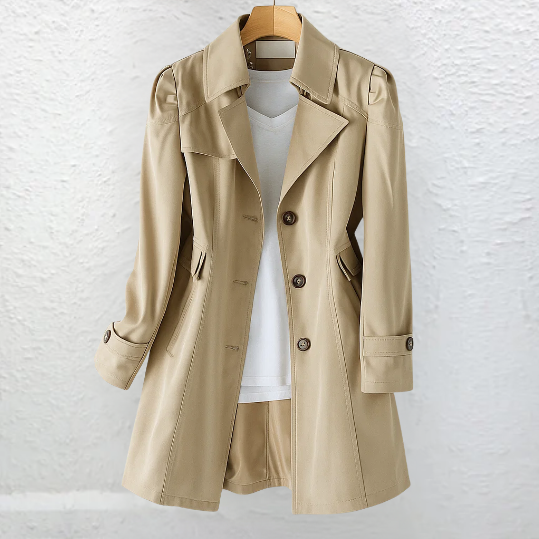 Khaki trench-style summer coat with double-breasted button front and pockets