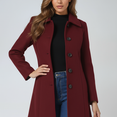 Burgundy single-breasted winter trench coat with dark button front and long sleeves
