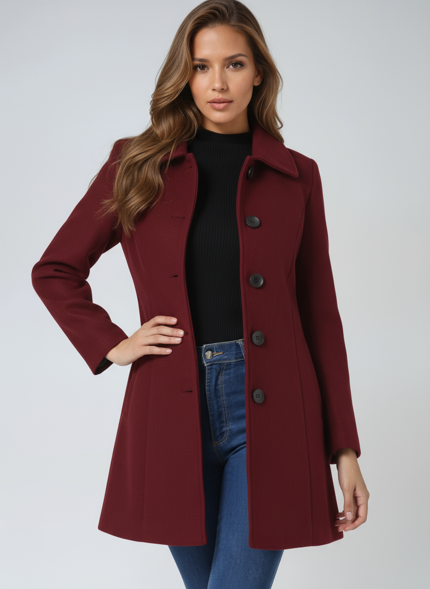 Burgundy single-breasted winter trench coat with dark button front and long sleeves