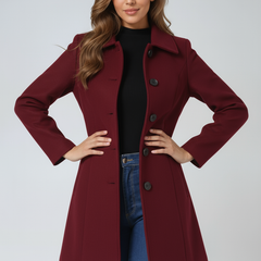 Burgundy single-breasted winter trench coat with notched lapels and button front.