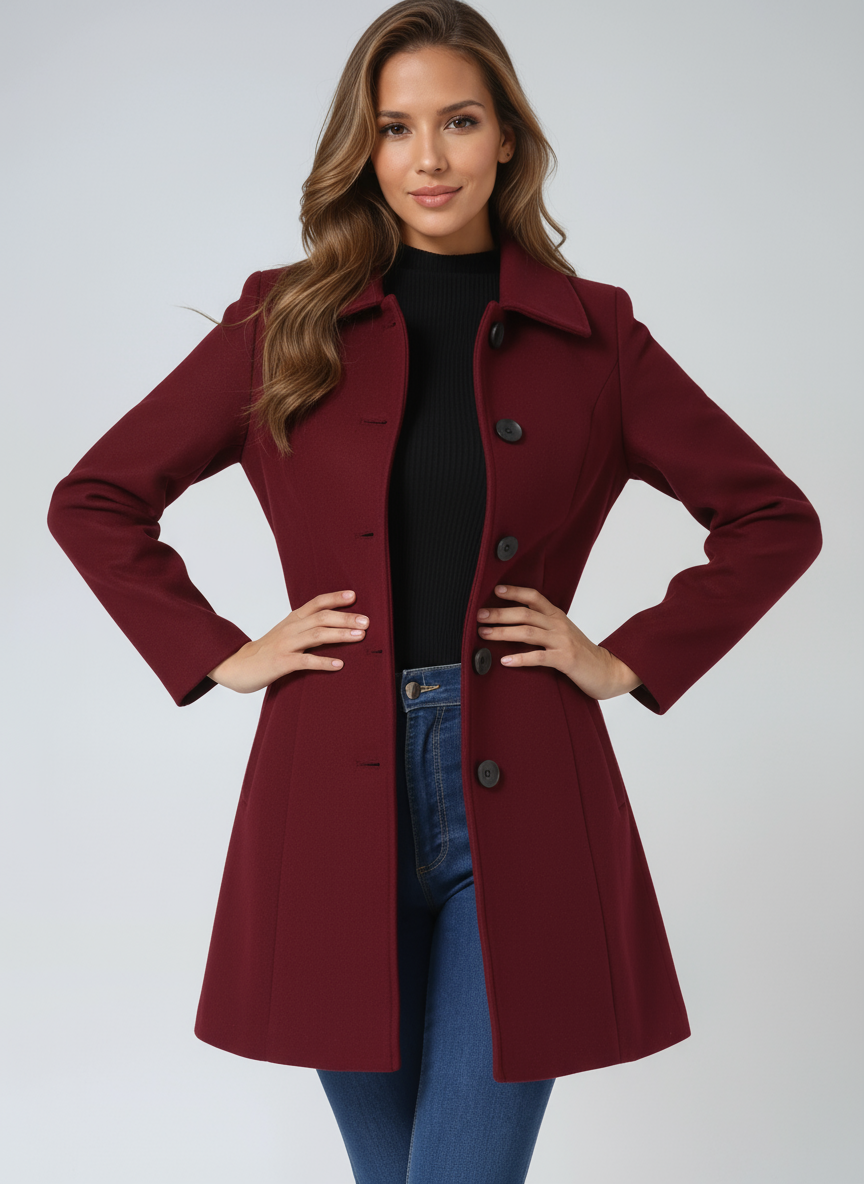 Burgundy single-breasted winter trench coat with notched lapels and button front.