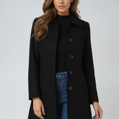 Black single-breasted winter trench coat with notched lapels and button front.