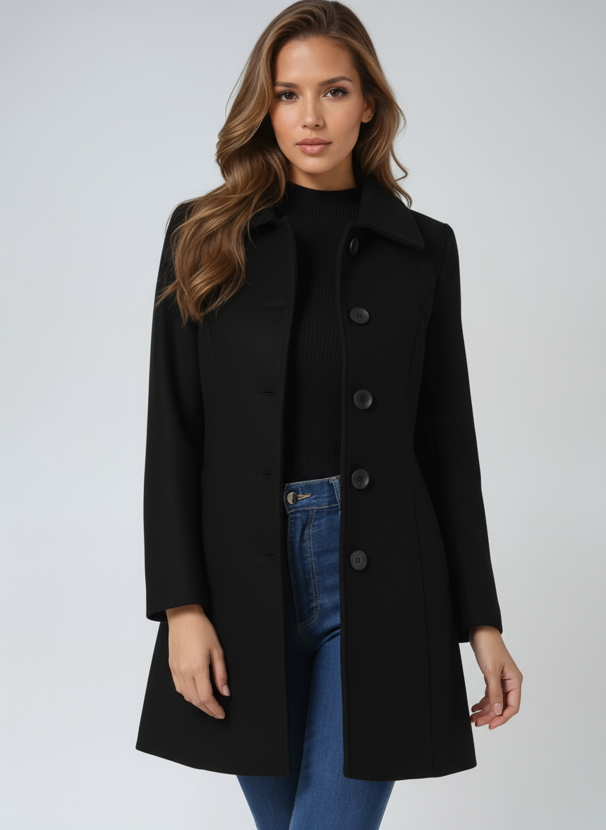 Black single-breasted winter trench coat with notched lapels and button front.