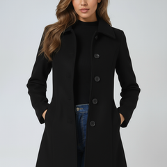 Black single-breasted winter trench coat with notched lapels and button front.