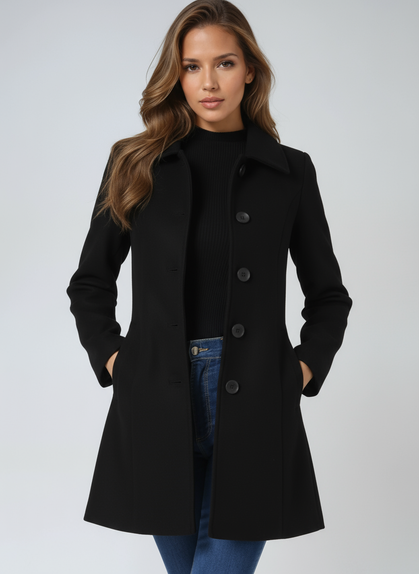 Black single-breasted winter trench coat with notched lapels and button front.