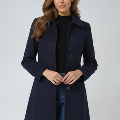 Navy single-breasted winter trench coat with notched lapels and button front.