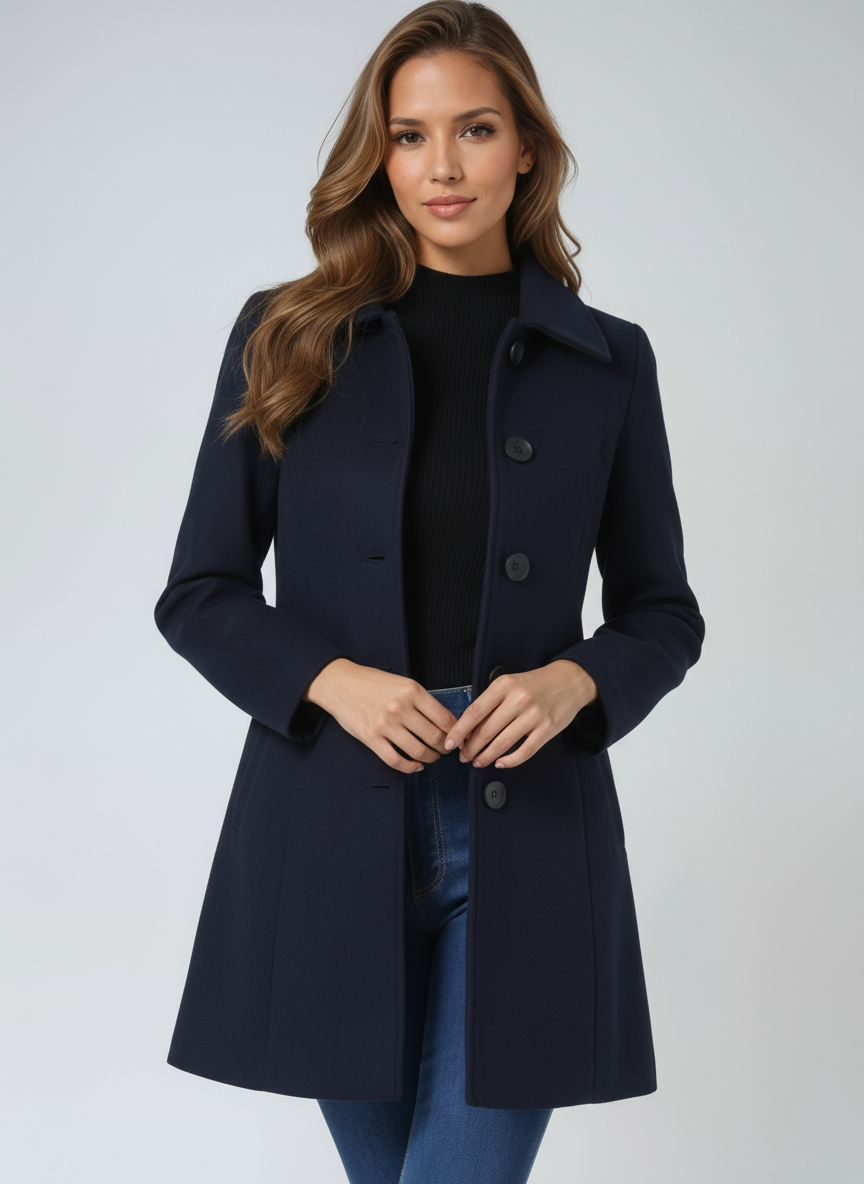 Navy single-breasted winter trench coat with notched lapels and button front.
