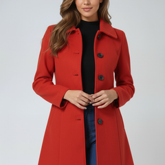 Red single-breasted winter trench coat with notched lapels and button front.