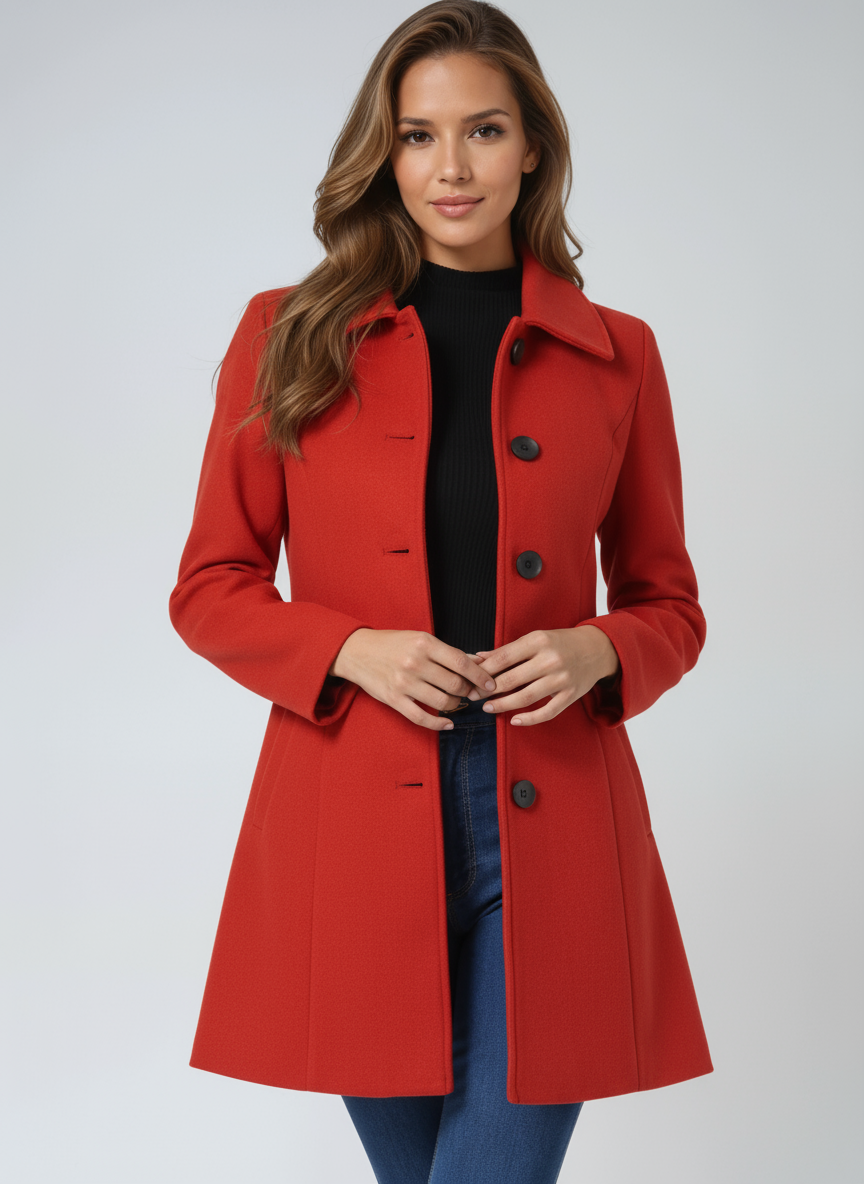 Red single-breasted winter trench coat with notched lapels and button front.