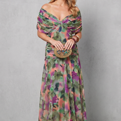 Multicolor floral off-shoulder maxi dress with ruched sweetheart neckline and sheer skirt