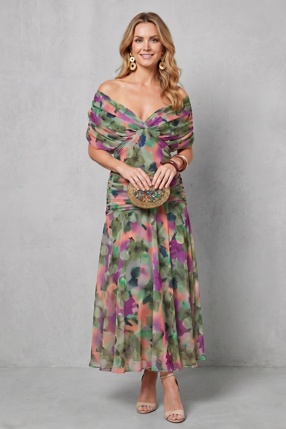 Multicolor floral off-shoulder maxi dress with ruched sweetheart neckline and sheer skirt