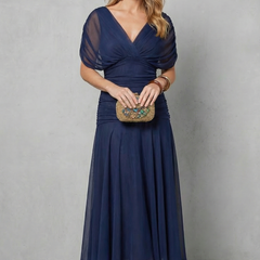Dark blue draped off-shoulder maxi dress with ruched bodice and flowy chiffon skirt