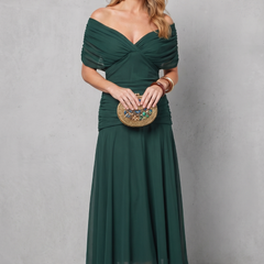 Green draped off-shoulder maxi dress with ruched bodice and flowing chiffon skirt