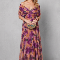 Purple multicolor floral off-shoulder maxi dress with ruched bodice and flowing chiffon skirt