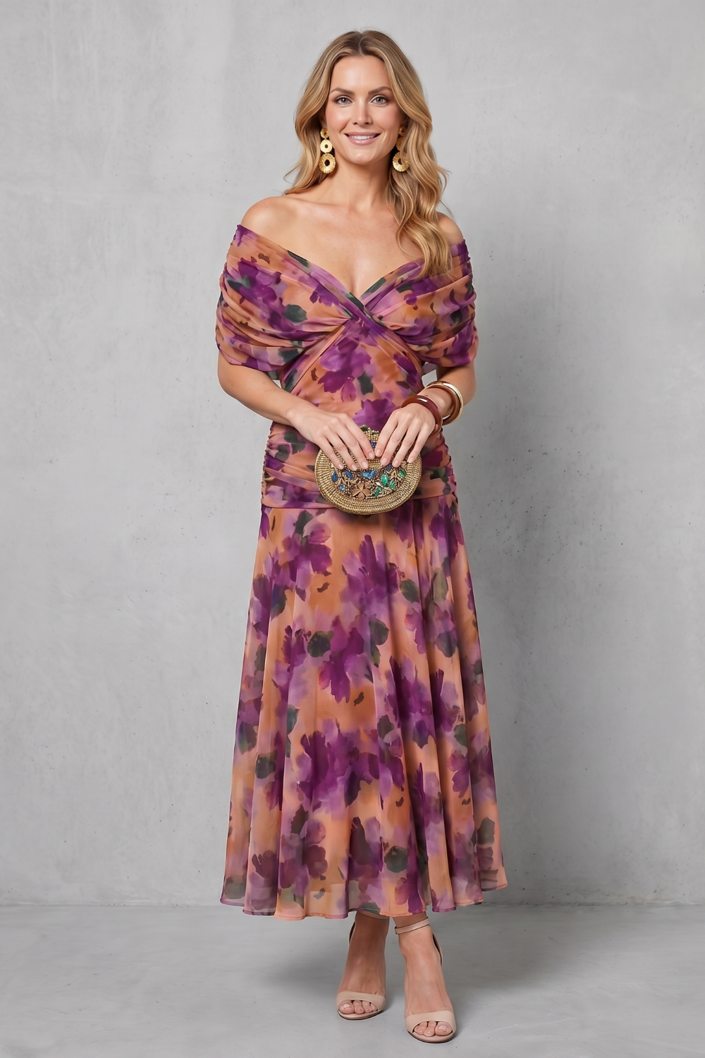 Purple multicolor floral off-shoulder maxi dress with ruched bodice and flowing chiffon skirt