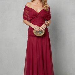 Wine red draped off-shoulder maxi dress with ruched bodice and flowy chiffon skirt