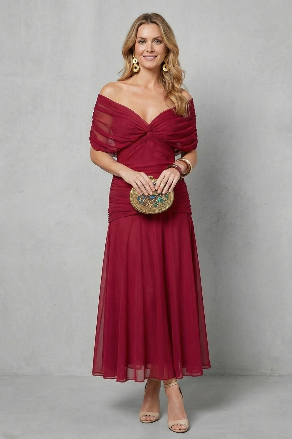 Wine red draped off-shoulder maxi dress with ruched bodice and flowy chiffon skirt