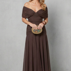 Brown draped off-shoulder maxi dress with ruched sweetheart neckline and sheer chiffon skirt