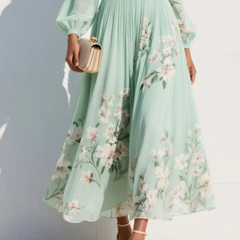 Mint floral midi dress skirt with gathered waist, long sheer sleeves