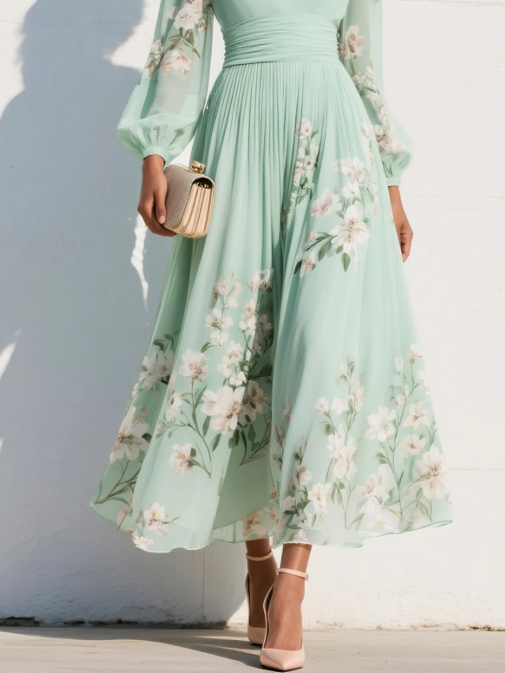 Mint floral midi dress skirt with gathered waist, long sheer sleeves