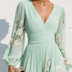 Mint V-neck midi dress with ruched waist and long sheer floral sleeves