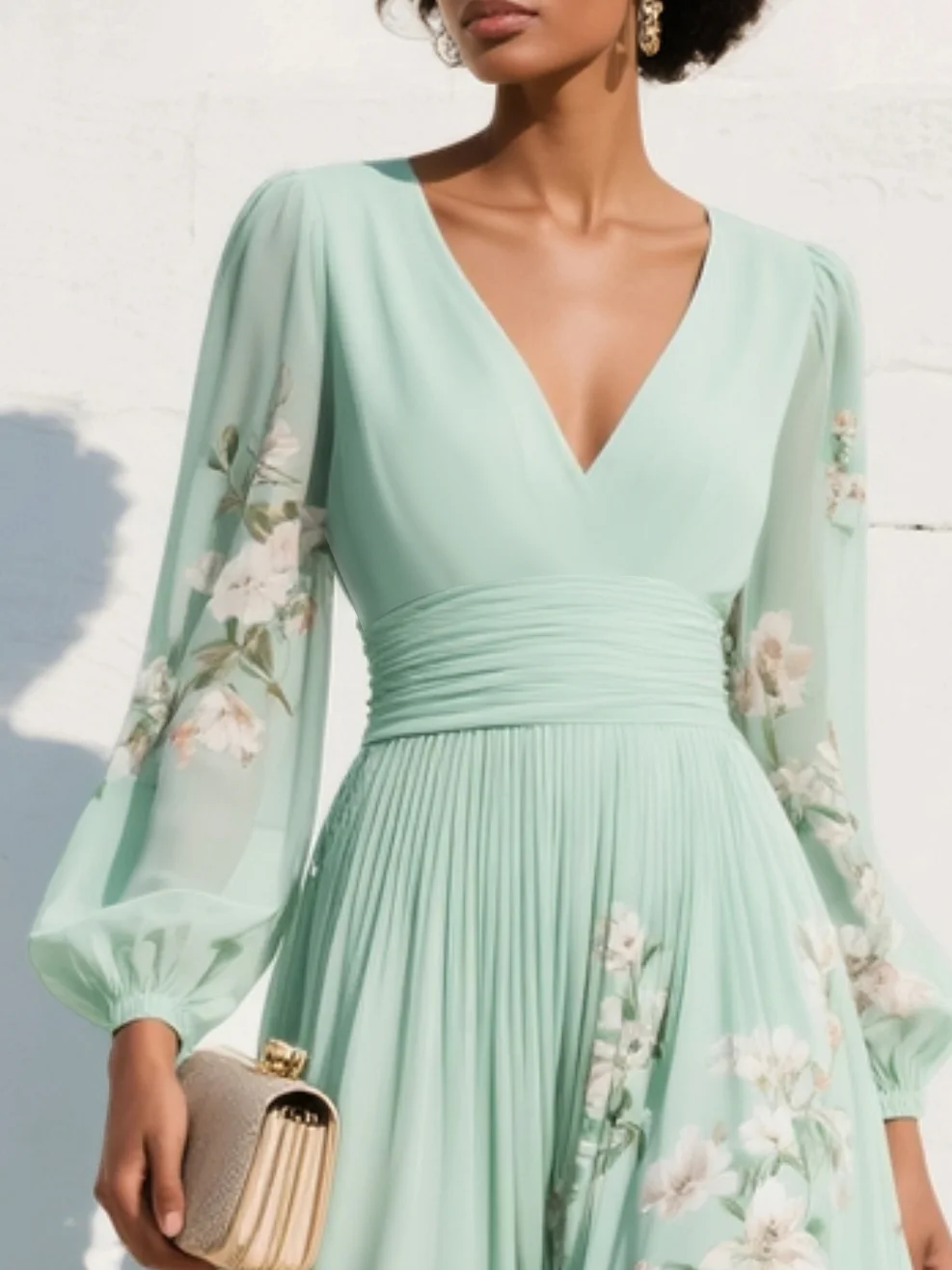 Mint V-neck midi dress with ruched waist and long sheer floral sleeves