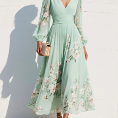 Mint floral midi dress with V-neck, long sheer sleeves, gathered waist, pleated skirt