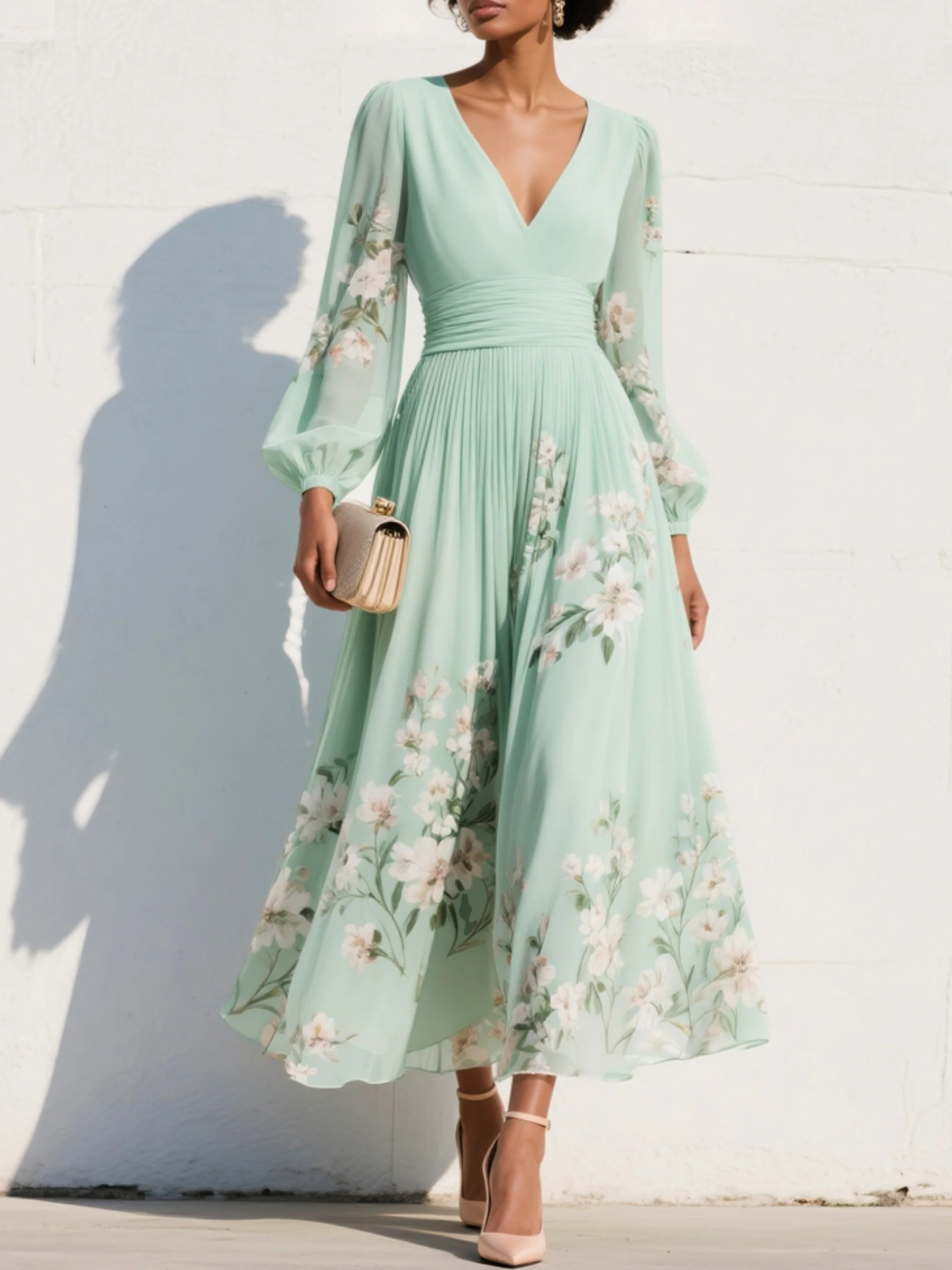 Mint floral midi dress with V-neck, long sheer sleeves, gathered waist, pleated skirt