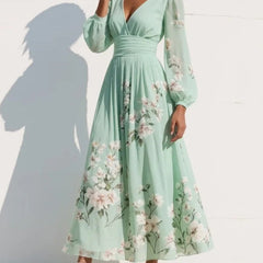 Mint floral midi dress with V-neck front, ruched waist, long sheer sleeves, full skirt
