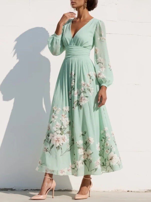 Mint floral midi dress with V-neck front, ruched waist, long sheer sleeves, full skirt
