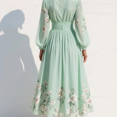 Mint floral midi dress with V-back, long sheer sleeves, gathered waist, full skirt