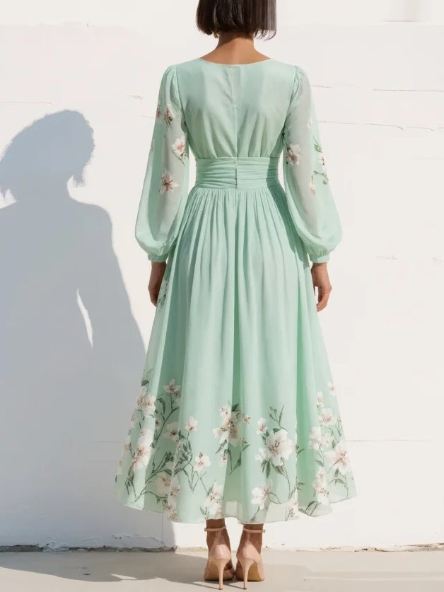 Mint floral midi dress with V-back, long sheer sleeves, gathered waist, full skirt