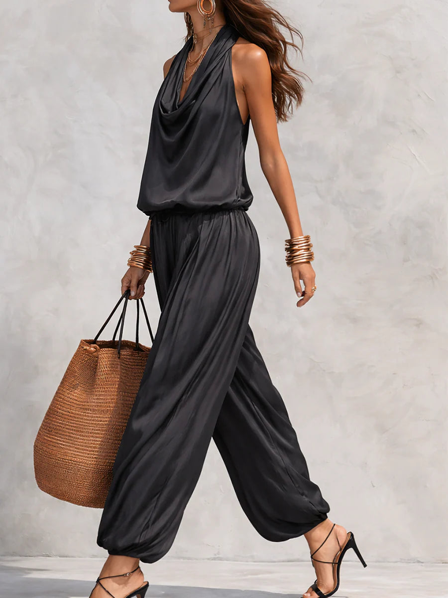 Black sleeveless draped cowl-neck two-piece with billowy gathered maxi skirt