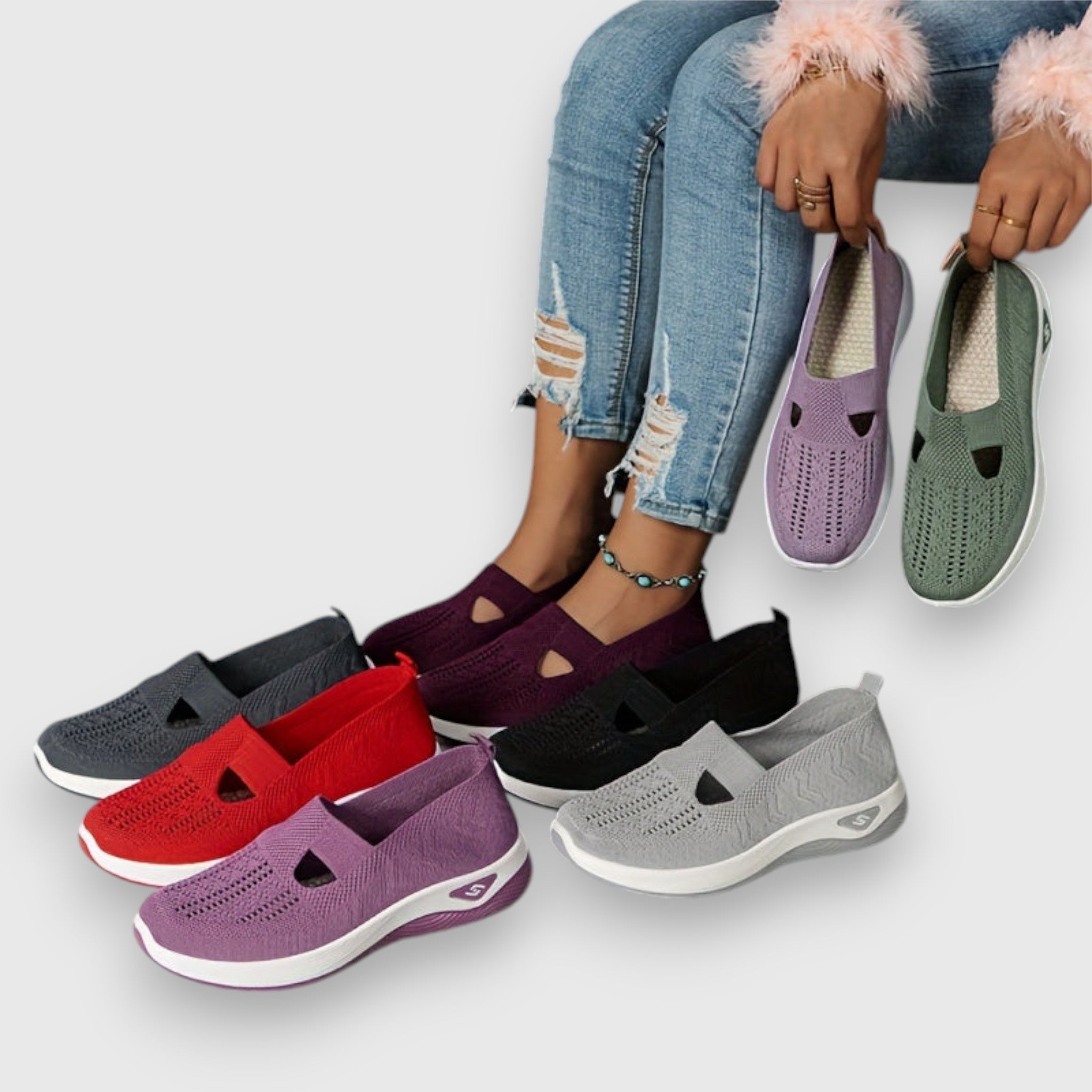 Assorted-color knit slip-on sneakers with toe cutouts and cushioned soles