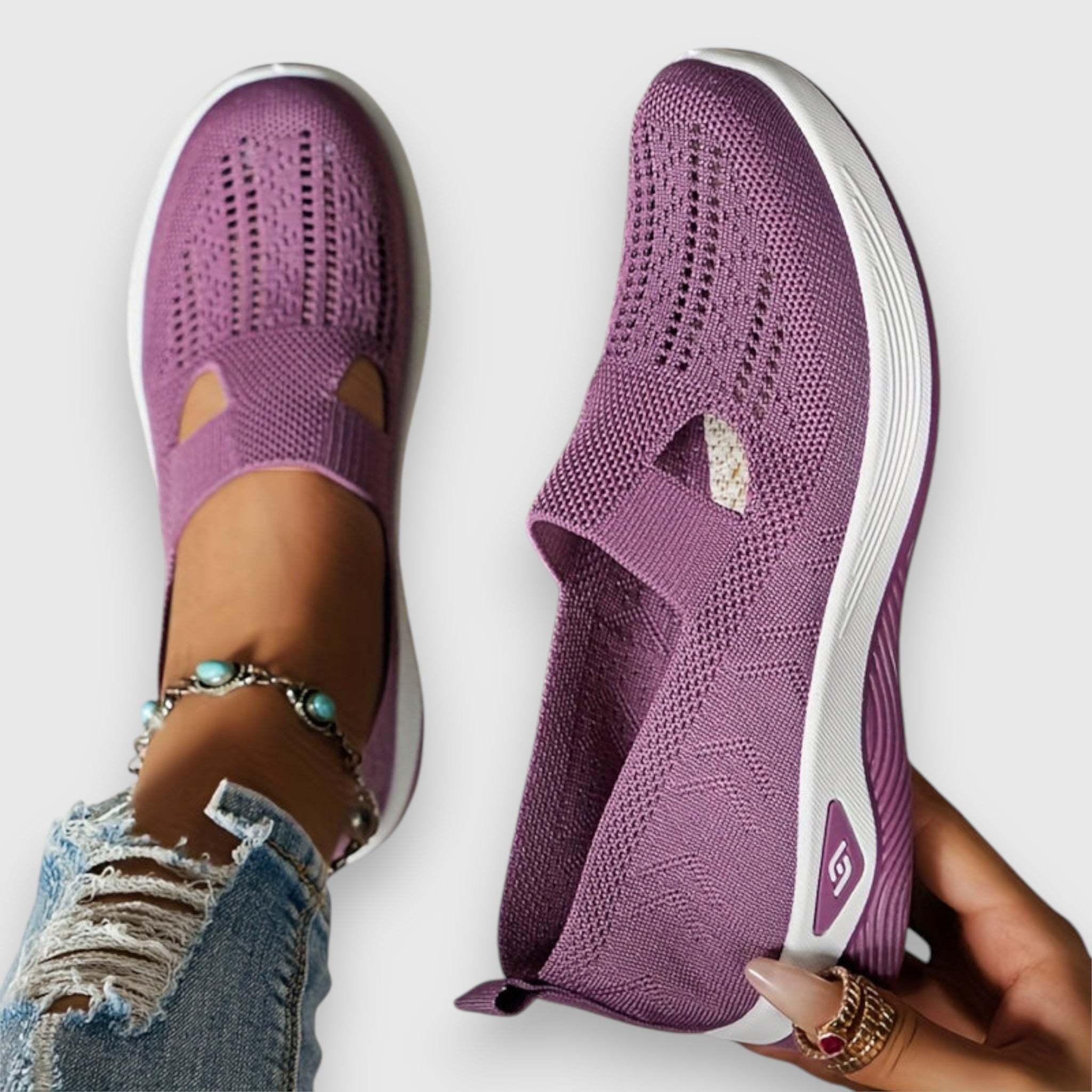 Purple comfort slip-on sneakers with toe cutout and white sole trim