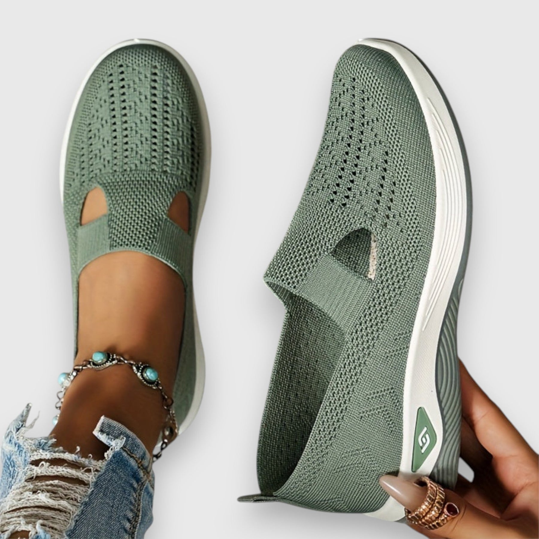 Green comfort slip-on sneakers, top view with toe cutout and white midsole