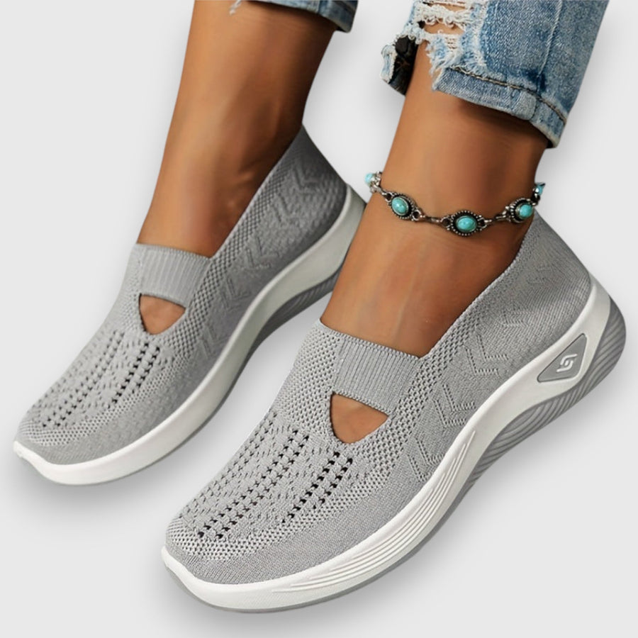 Light grey comfort slip-on sneakers with toe cutout and elastic collar