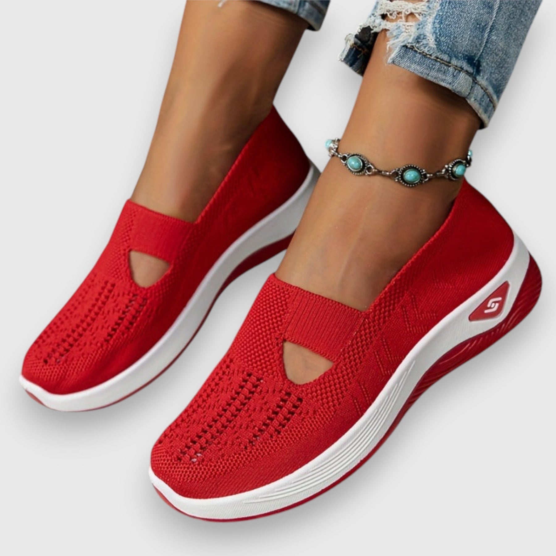 Red knit comfort slip-on sneakers with elastic gore and side cutouts