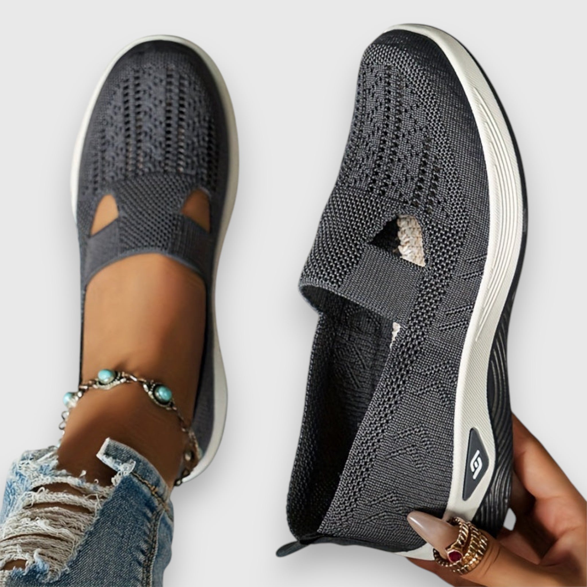 Dark grey knit comfort slip-on sneakers with elastic gore and cutout panels