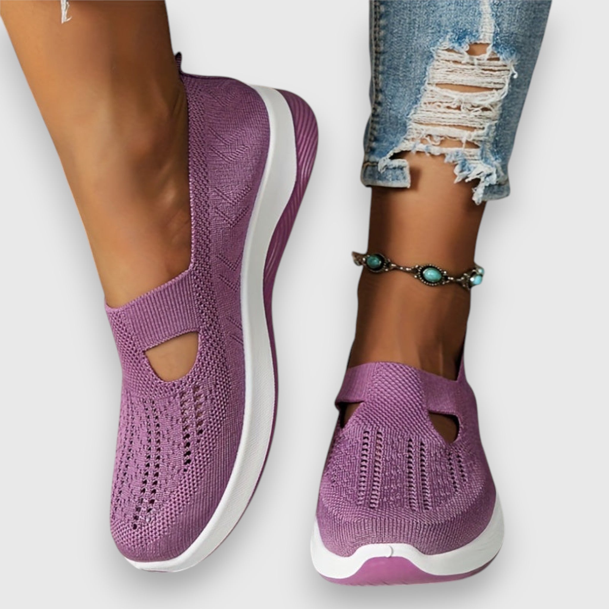 Purple knit slip-on sneakers with toe cutout and flexible elastic upper