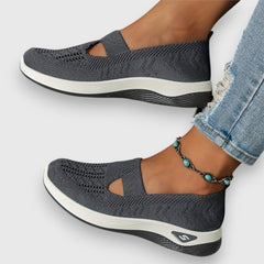 Dark grey knit slip-on sneakers with toe cutout and cushioned sole