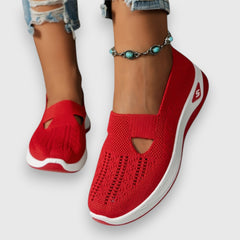 Red knit comfort slip-on sneakers with elastic gore and cutout panels