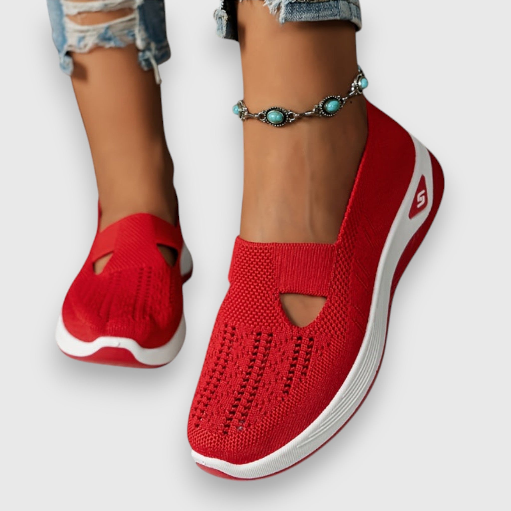 Red knit comfort slip-on sneakers with elastic gore and cutout panels
