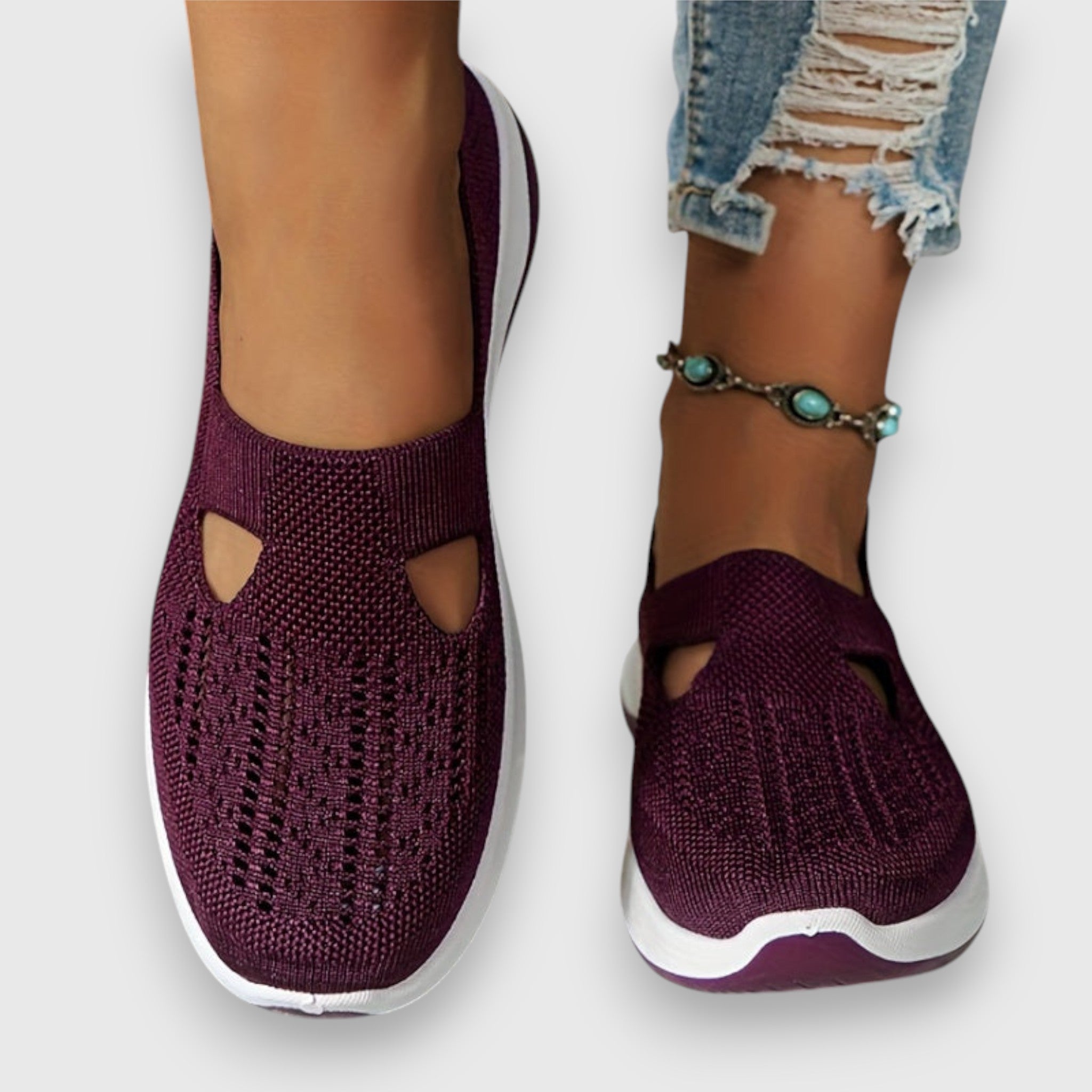 Burgundy knit comfort slip-on sneakers with elastic gore and side cutouts