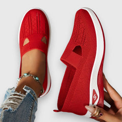Red knit comfort slip-on sneakers with elastic gore and side cutout opening
