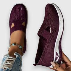 Burgundy knit comfort slip-on sneakers with elastic gore and openwork pattern
