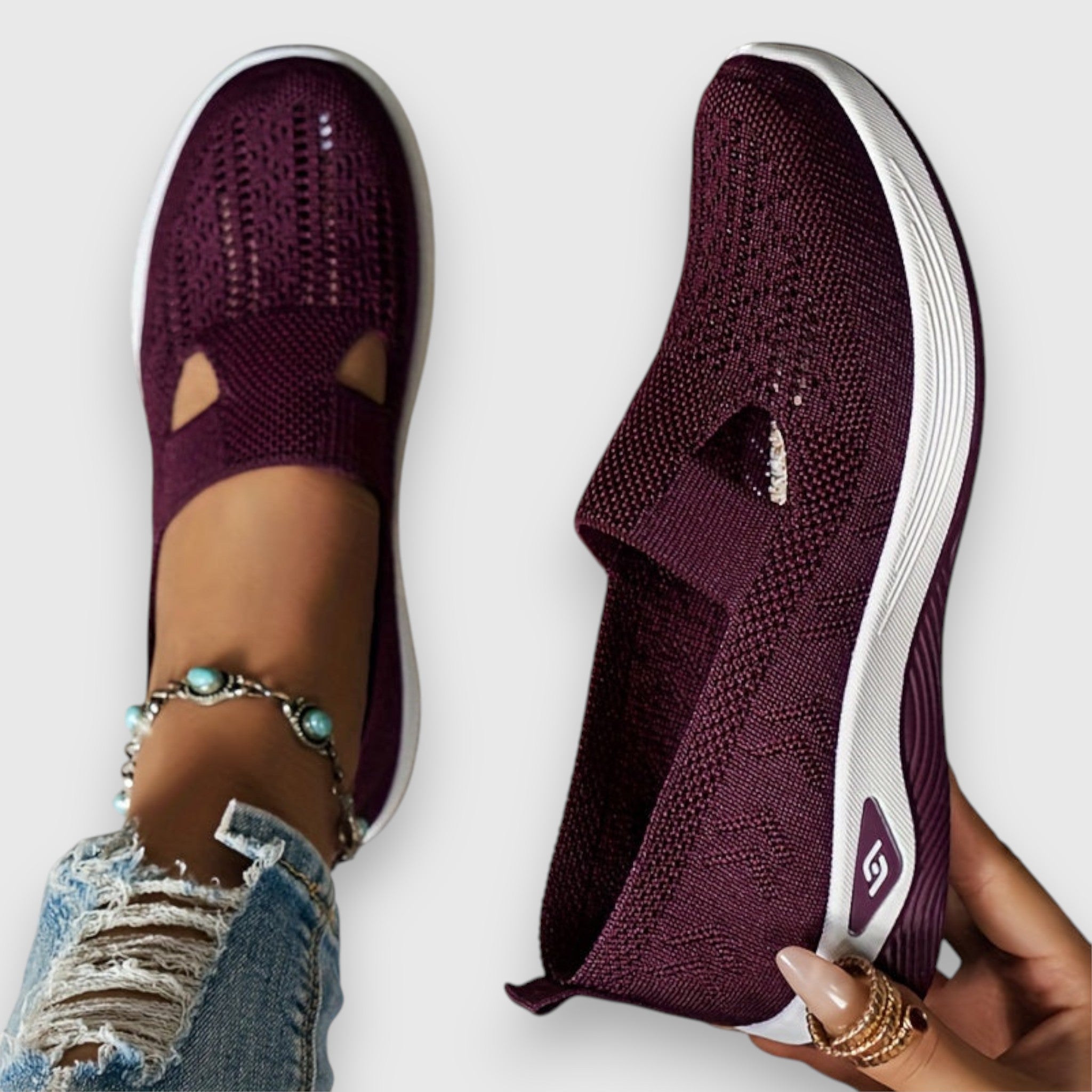 Burgundy knit comfort slip-on sneakers with elastic gore and openwork pattern